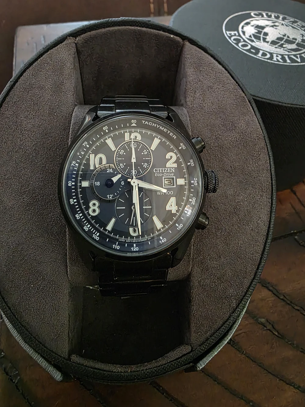Citizen Eco-Drive Men's Black Chronograph Watch Navy Blue Dial (Brand NEW)